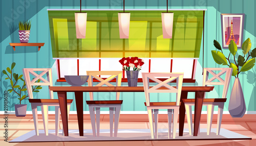 Dining room interior vector illustration of modern or retro apartment or summer terrace with wooden furniture, kitchen table and chairs with picture and flowers on window. Cartoon background