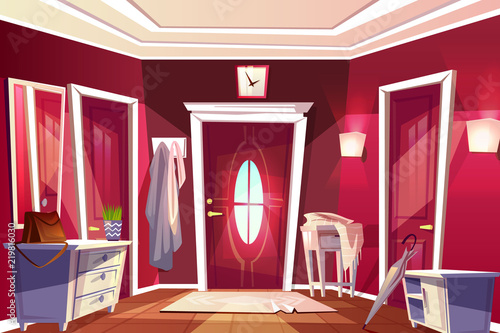 Hallway room or corridor interior vector illustration of retro or modern apartment with entrance door view. Cartoon flat background with furniture drawer or table, coat hanger and clock on wall