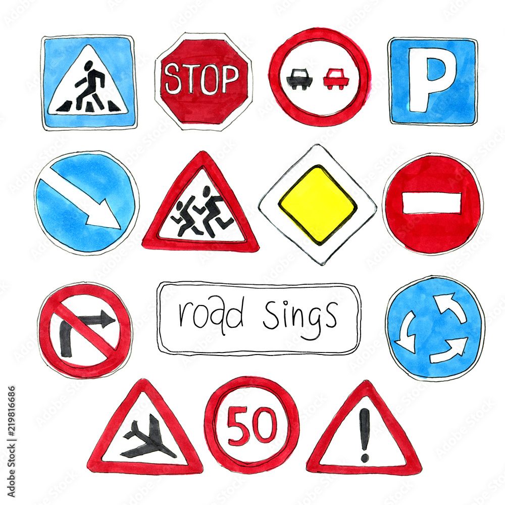 Watercolor Doodle Set of road signs. Line Icons. Watercolor Doodle Set of road signs. Line Icons.