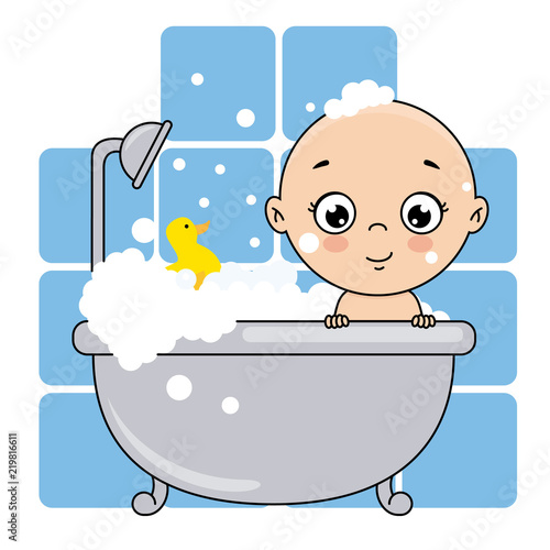 baby boy bathing in the bathtub. baby shower card.