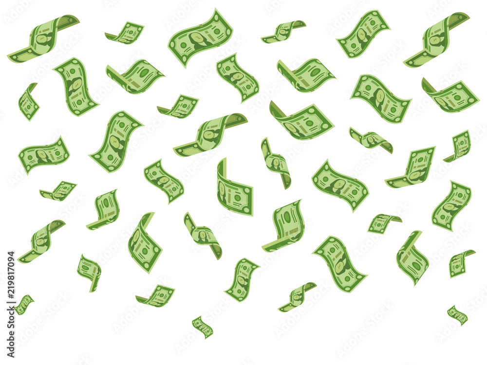 Falling banknotes. Wealth money denominations rain, falling dollar bills and raining dollars vector cartoon concept illustration - obrazy, fototapety, plakaty 