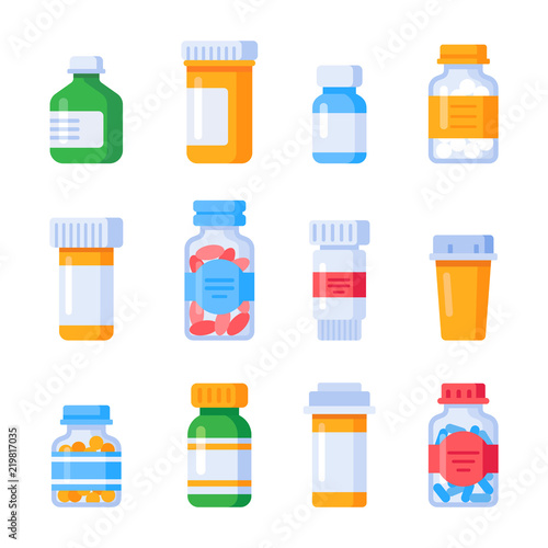Flat medicine bottles. Vitamin bottle with prescription label, drug pills container or vitamins and minerals pill isolated vector set