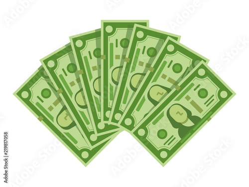 Money banknotes fan. Pile of dollars cash, green dollar bills heap or monetary currency isolated vector illustration