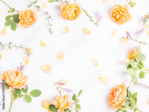 Wallpaper Mural Festive flower yellow orange English rose composition on the white wooden background. Overhead top view, flat lay. Copy space. Birthday, Mother's, Valentines, Women's, Wedding Day concept. Torontodigital.ca