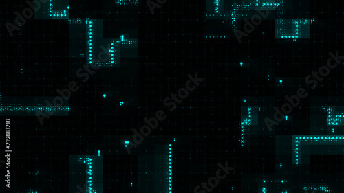 3d render abstract background with glow dots. Straight lines made of dots with random radius. Digital background.