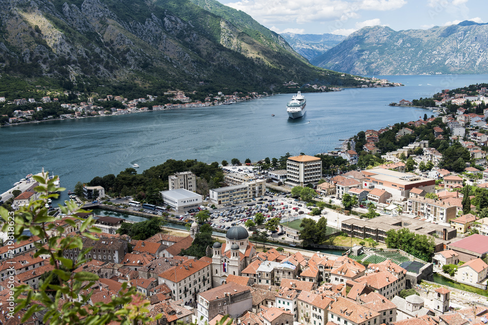 View of the beautiful old town of Kotor in Kotor Bay. Kotor Bay is a bay from the Adriatic sea in southwestern Montenegr and Kotor is one of the UNESCO’s World Heritage Sites