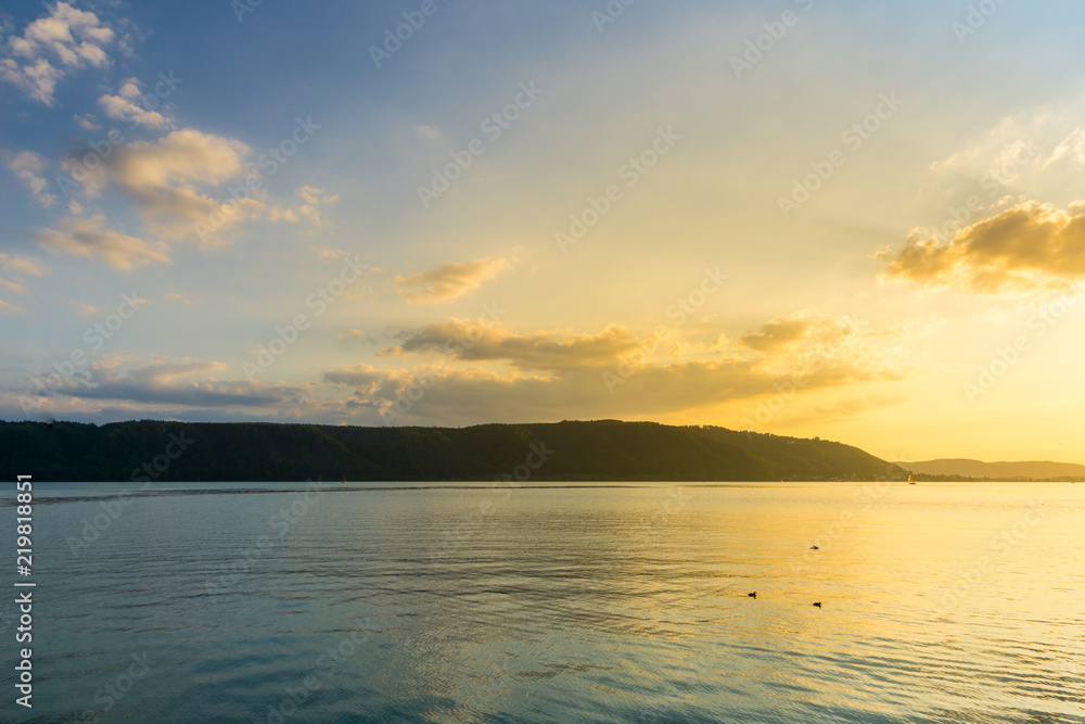 Germany, Silent water of lake constance in evening twilight mood
