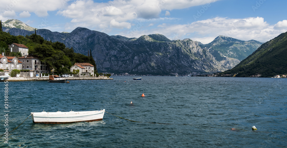 The village of Perast in Montenegro. In the distance can be seen the mountains that surround the bay of kotor