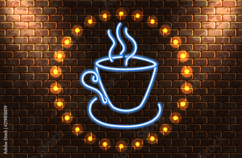 Neon signboard with tea cup and inscription "Tea time" on brick wall for advertising cafe in retro style