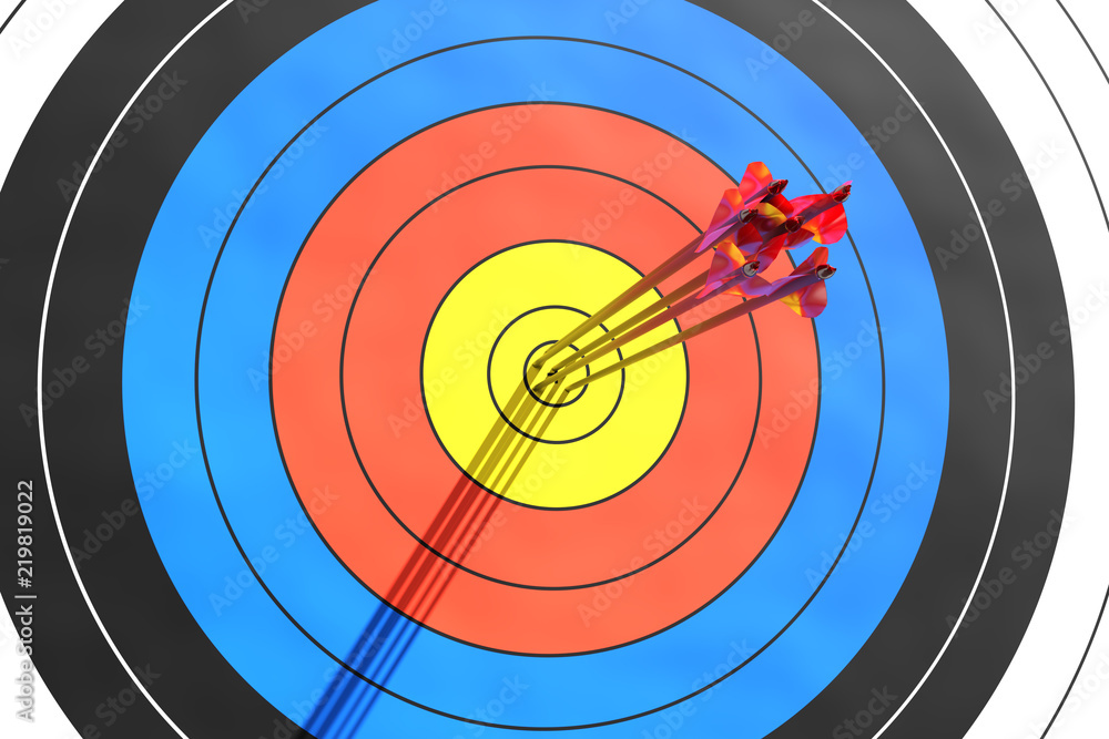 Archery target with six arrows in the center Archery target with six arrows in the center