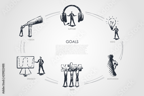 Goals - vision, support, team, strategy, motivation set concept.