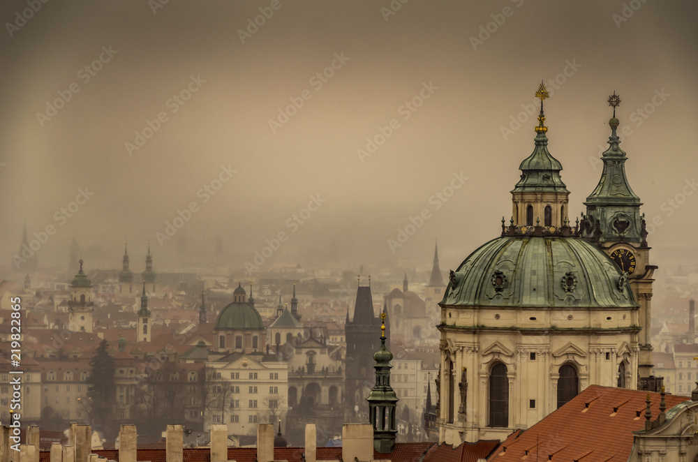 Prague its domes and its fog. Czech Republic