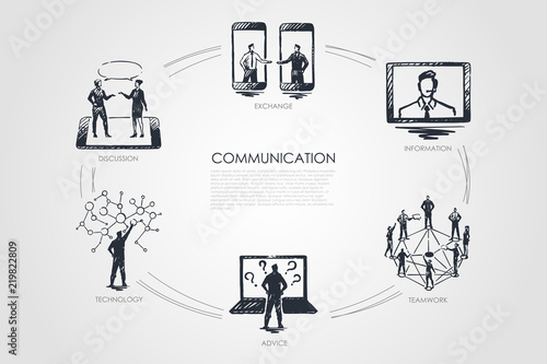 Communication - exchange, information, teamwork, advice, technology set concept.