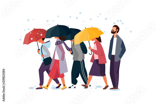People holding umbrella, walking under the rain. Man and woman autumn characters vector illustration.
