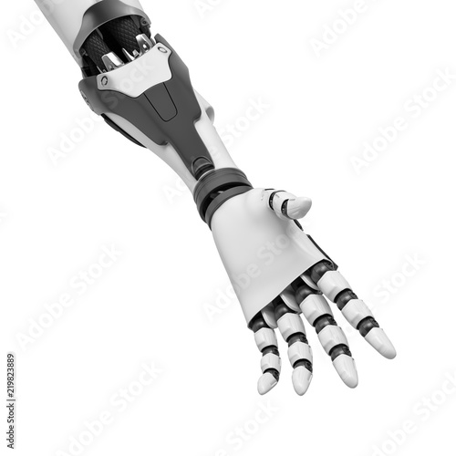 3d rendering of a black and white robotic hand reaching with open palm and relaxed fingers in close-up.