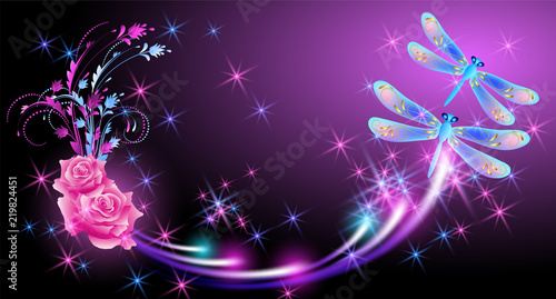 Flying fantasy dragonfly with roses and sparkle stars