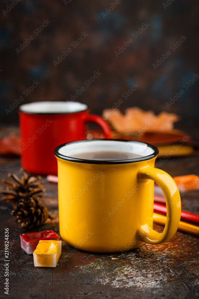Enameled cup of hot tea Enameled cup of hot tea