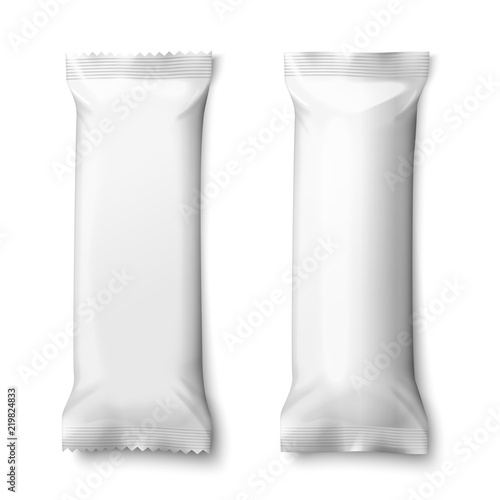 Vector realistic 3d set of white snack or candies sachets, different shapes of content - flat and round.  Mock-up for product package branding.