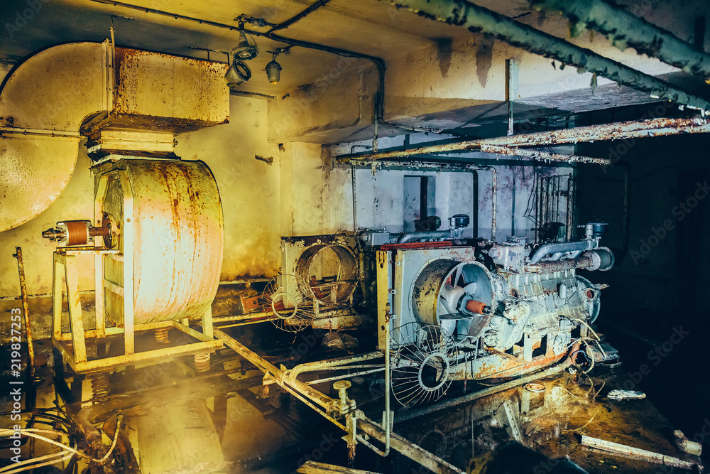 Old rusty diesel generator of air filtration and ventilation system in  abandoned Soviet bunker Stock Photo | Adobe Stock