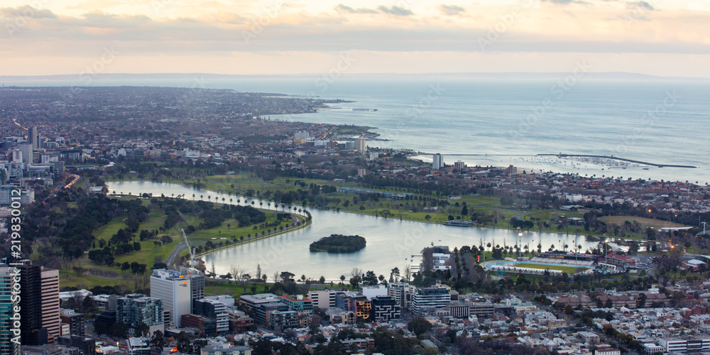 View over Melbourne's Albert Park at Sunrise