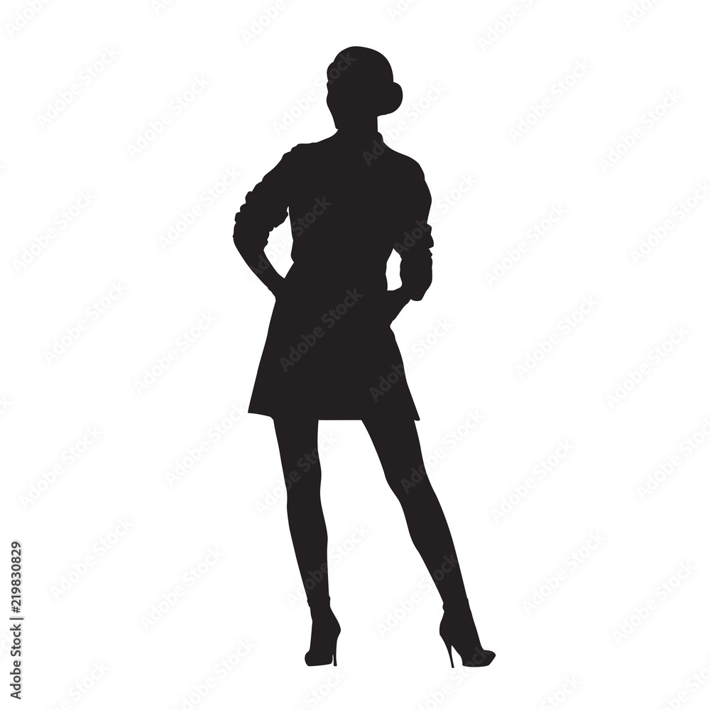 Woman standing, isolated vector silhouette. Model posing Woman standing, isolated vector silhouette. Model posing