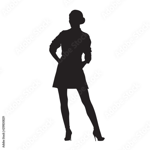 Woman standing  isolated vector silhouette. Model posing