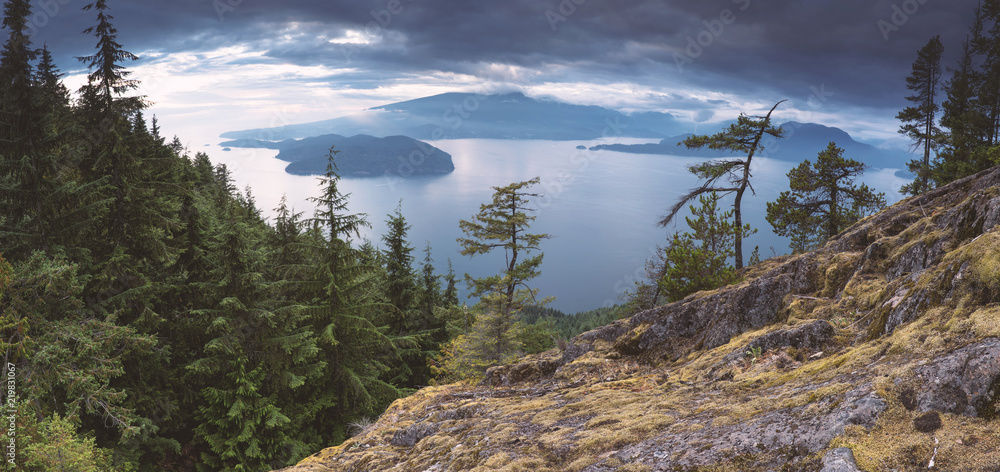 Fototapeta premium The beautiful scenic scapes of Bowen Island in Howe Sound and the heart of the Salish Sea with landscapes, waterscapes, and sunsets. Gorgeous Vancouver area.