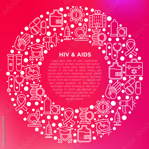 HIV and AIDs concept in circle with thin line icons: safe sex, blood transfusion, antiviral drugs, physical examination, AIDs ribbon, blood test, microscope, genetic engeering. Vector illustration.