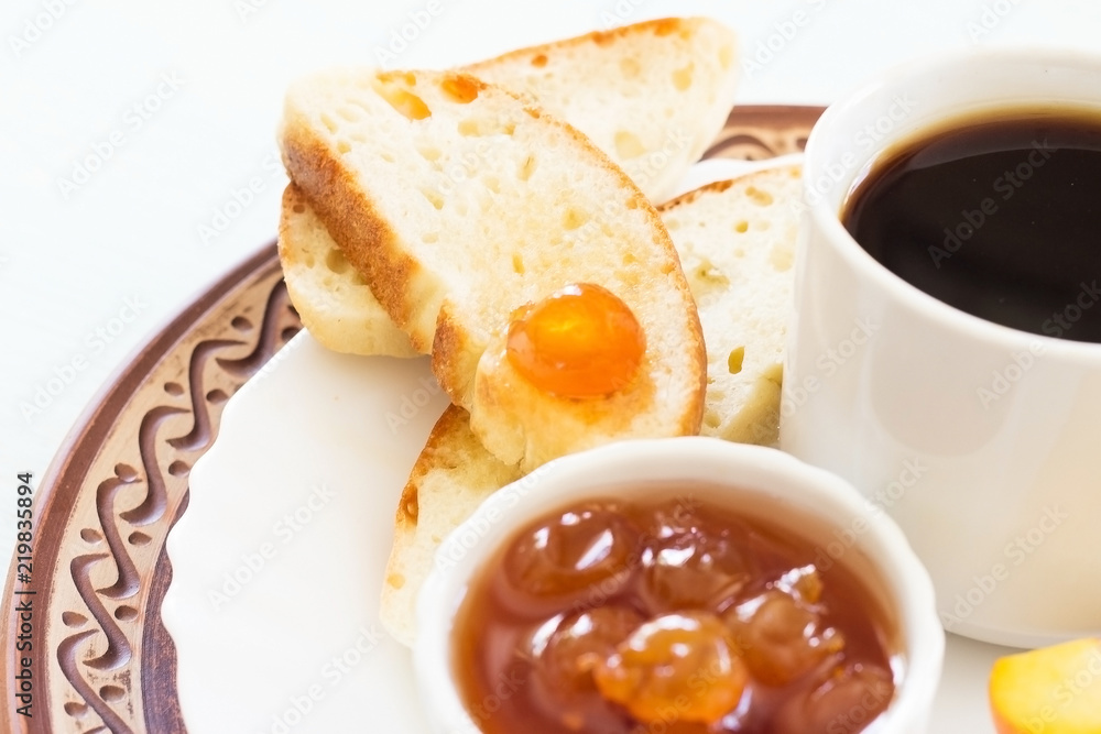 Coffee, jam and bread. Breakfast. Traditional breakfast. Coffee, jam and bread. Breakfast. Traditional breakfast.