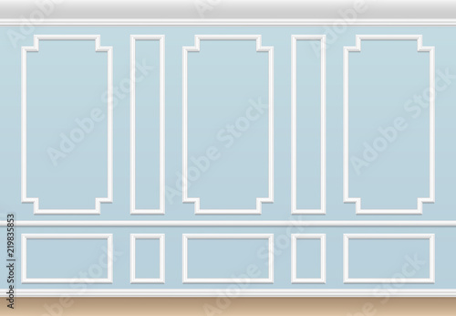 Classic blue wall with moulding panel. House luxury interior with molding frames. Vector background