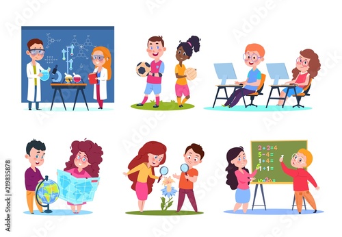 Kids in lessons. School children learning geography and chemistry, biology and math. Cartoon vector characters set