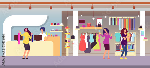 Fashion store. Shopping women in boutique with femele clothes and accessories. Clothing shop interior flat vector illustration