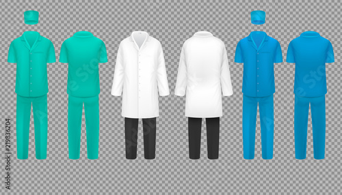Medical doctor uniform, hospital nurse coat and surgeon suit, laboratory shirt vector set isolated