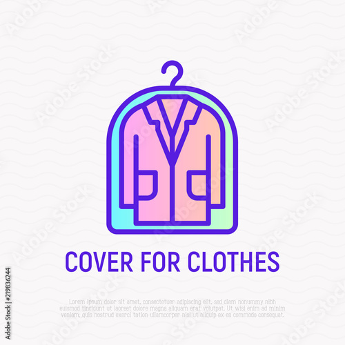 Suit from dry cleaning thin line icon, cover for clothing. Symbol of laundry. Modern vector illustration.