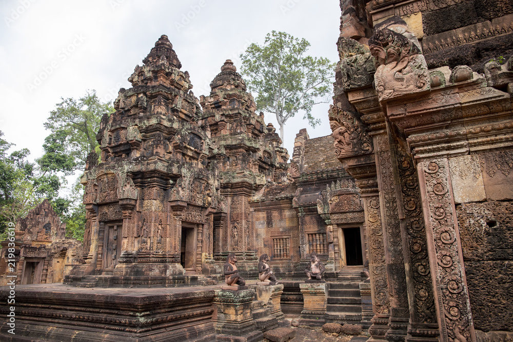 Ancient temple Banteay Srei, Angkor Wat, Cambodia. Stone carved decor on hindu temple building.