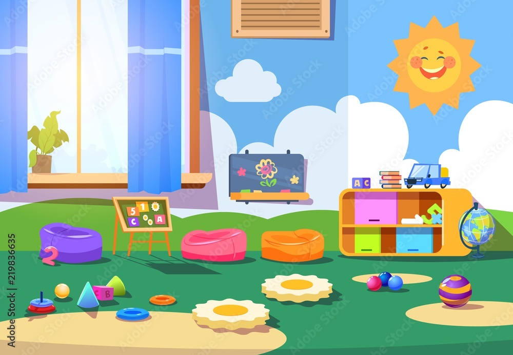 Kindergarten room. Empty playschool room with toys and furniture. Kids  playroom cartoon vector interior Stock Vector | Adobe Stock