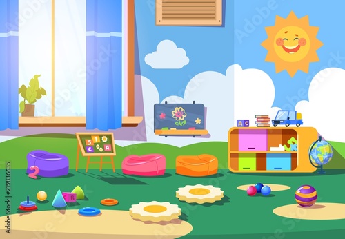 Kindergarten room. Empty playschool room with toys and furniture. Kids playroom cartoon vector interior
