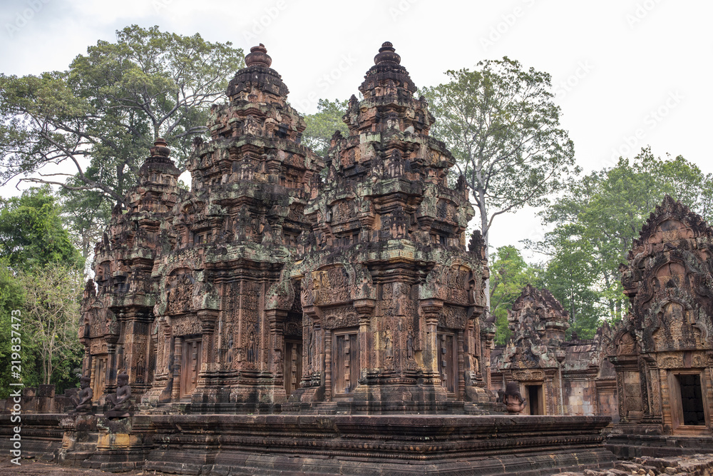 Ancient temple Banteay Srei, Angkor Wat, Cambodia. Stone carved decor on hindu temple. Cambodian place of interest.