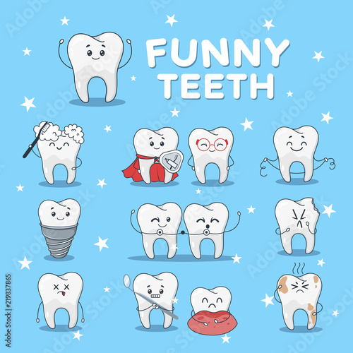 Funny teeth icon set isolated on blue background