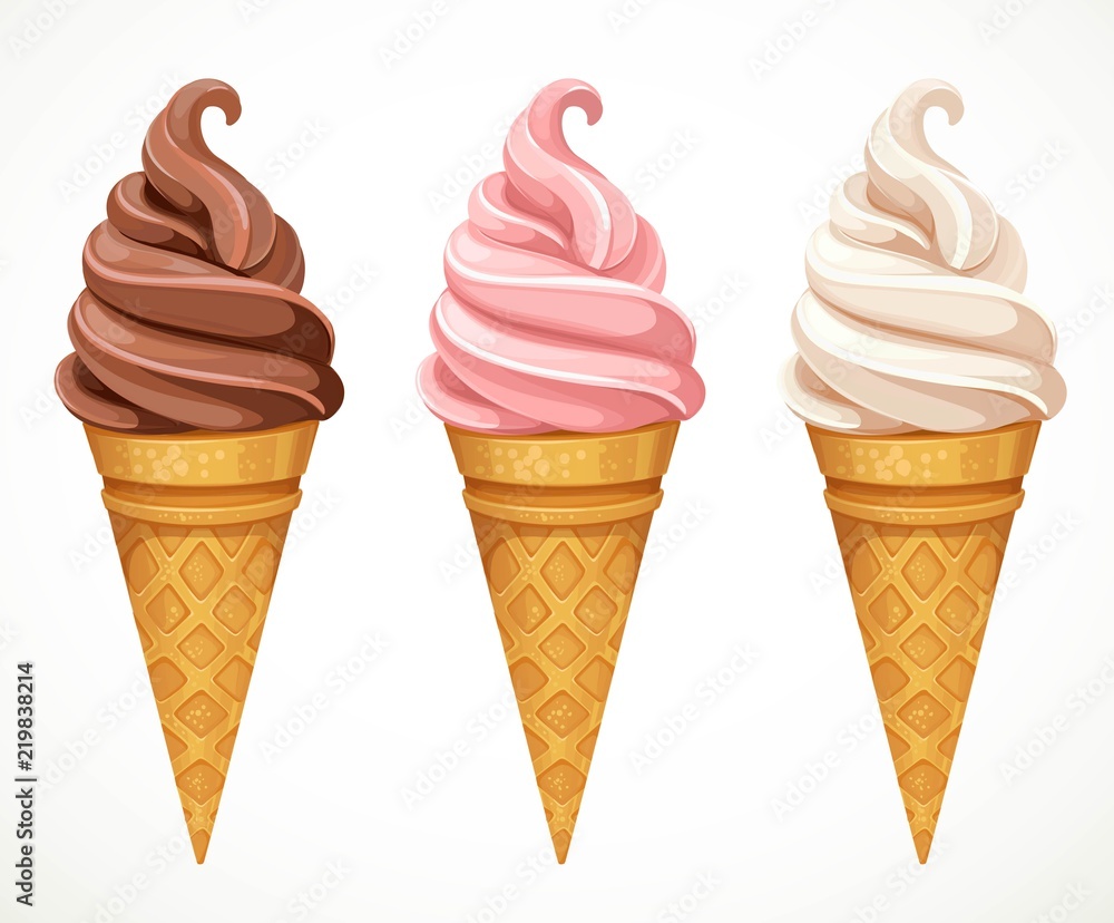 Soft ice-cream dofferent tastes in cone design elements for summer season isolated on a white background Soft ice-cream dofferent tastes in cone design elements for summer season isolated on a white background
