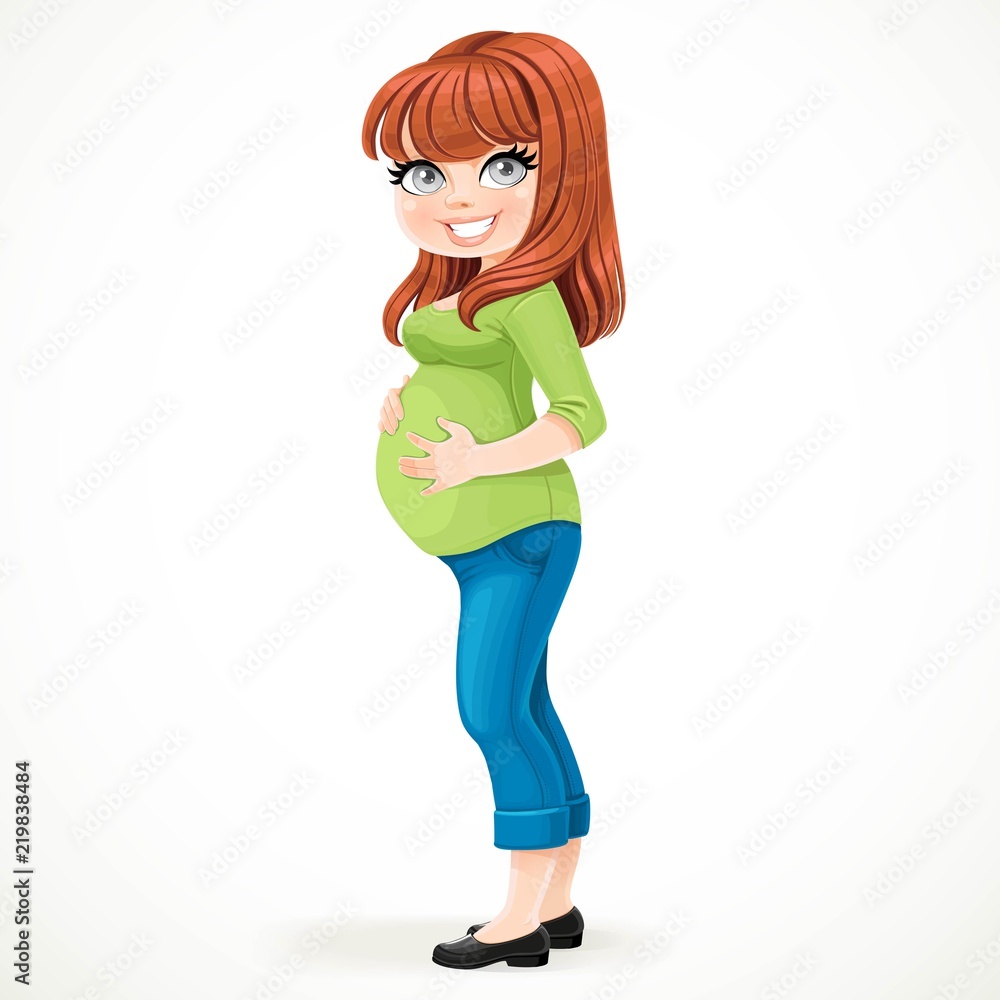 Cute pregnant brunette woman standing on a white background holds hands the big belly Cute pregnant brunette woman standing on a white background holds hands the big belly