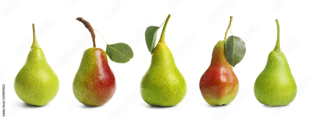 Set with tasty ripe pears on white background Set with tasty ripe pears on white background