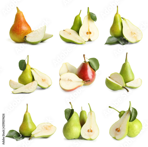 Set with tasty ripe pears on white background
