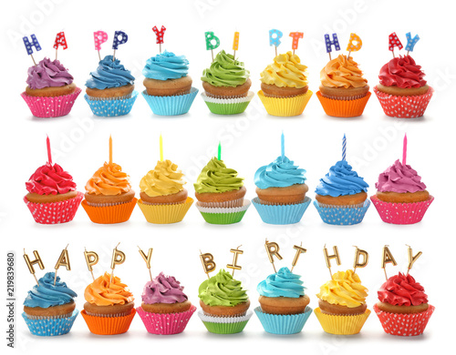 Wall Mural Set with birthday cupcakes and candles on white background
