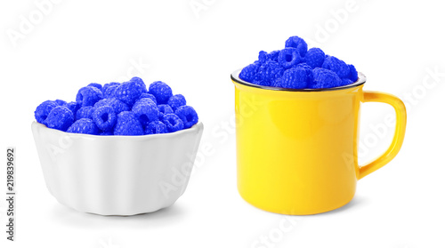 Set with blue raspberries (Rubus leucodermis) on white background photo