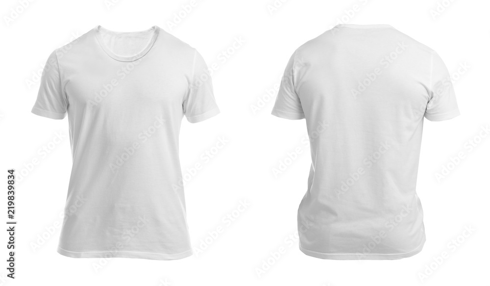 Front and back views of blank t-shirt on white background Stock Photo ...