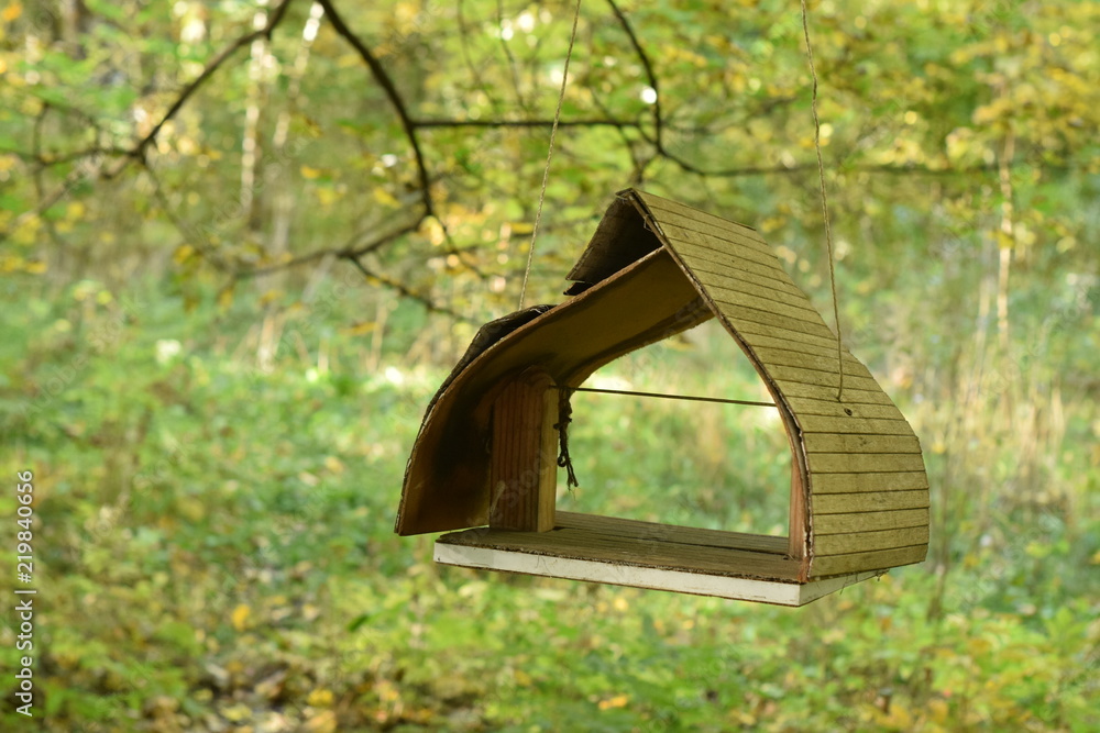 Empty hanging bird feeder with green park background in autumn Empty hanging bird feeder with green park background in autumn