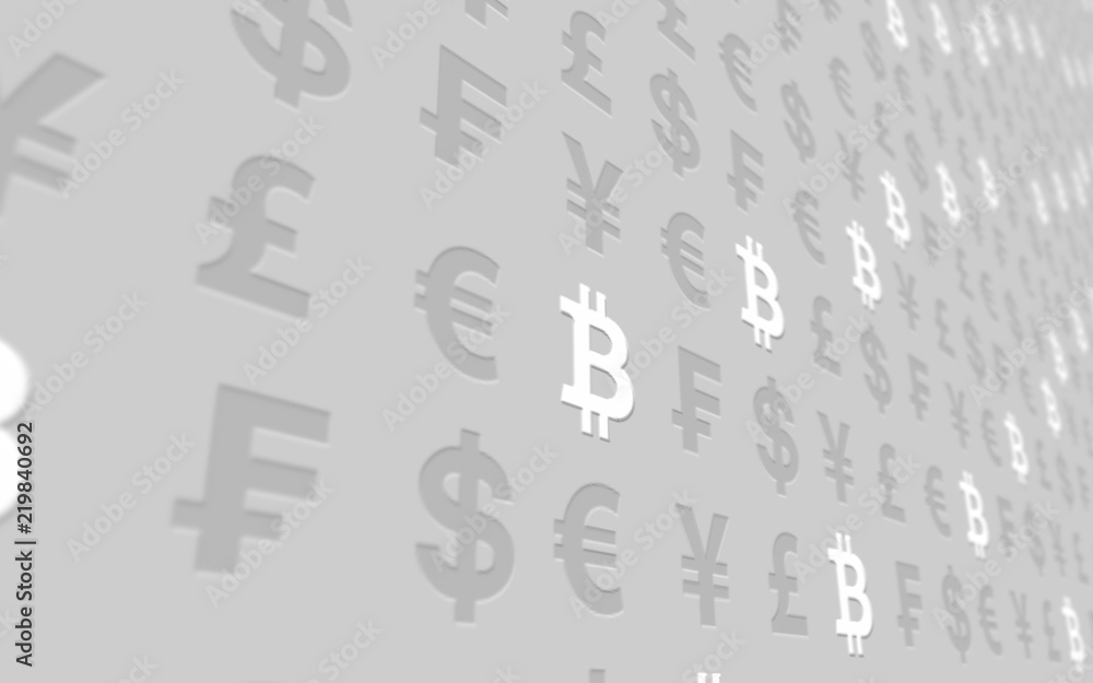 Bitcoin and currency on a gray background. Digital Cryptocurrency symbol. Business concept. Market Display. 3D illustration Bitcoin and currency on a gray background. Digital Cryptocurrency symbol. Business concept. Market Display. 3D illustration