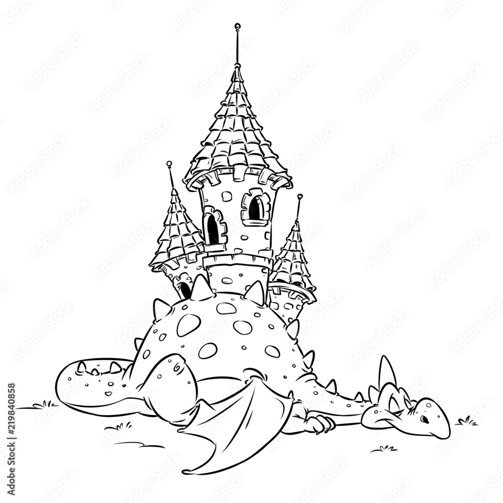 Fototapeta premium Smok bajki bezpieczeństwa średniowieczny zamek zwierząt wesoły ilustracja kreskówka na białym tle obraz kolorowanki