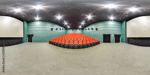 Moscow-2018: 3D spherical panorama with 360 degree viewing angle of empty cinema hall interior with red color seats and screen. Ready for virtual reality in vr. Full equirectangular projection
